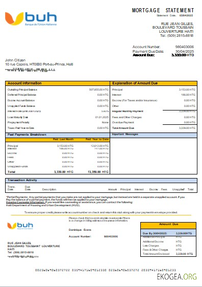 Haïti BUH relevé hypothécaire bancaire scr